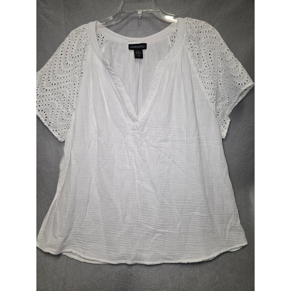 Cynthia Rowley Womens White Gauze Eyelet Sleeve V-Neck Blouse Plus Size 1X